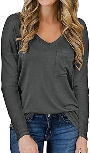 Илугу жена модна обична цврста боја v врат лабава обична долга ракав џеб маица женски термички пижама врв