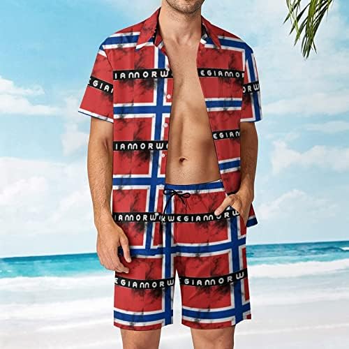 Норвешкото место на норвешкиот носач на знамето за мажи 2 парчиња облека на плажа Хавајски копче надолу со кошула со кратки ракави и шорцеви костуми