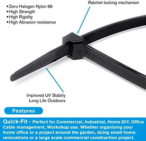 100 пакувања кабелски врски црни | CE Premium UL најлон силни поштенски врски, дополнителни дебели кабелски врски, обвивка за