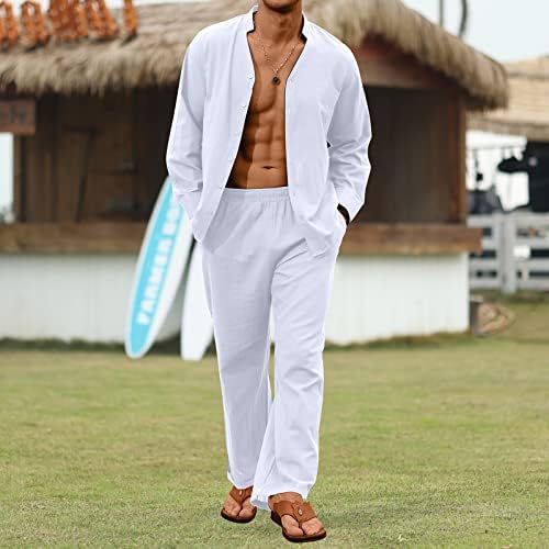 CTU машки 2 парчиња постелнини поставени долги ракави на плажа V-вратчето копче надолу со кошули летен одмор лабава јога пантолона