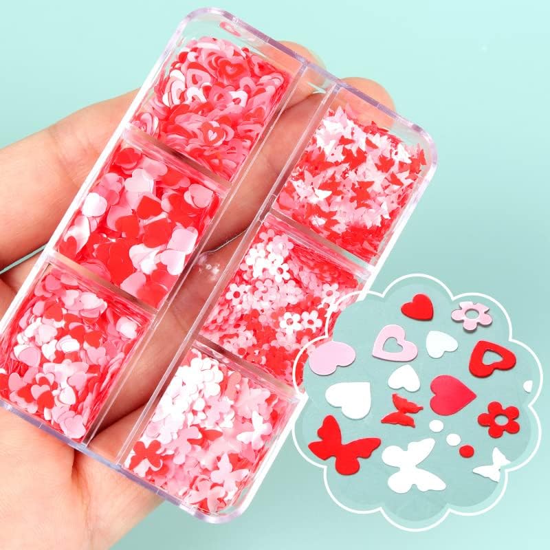 Сјајни сјајни сјајни на срцеви за нокти за декорација на Денот на вineубените, декорација на розови бели 3Д -пеперутки, искра снегулки за материјали за уметност, конф?