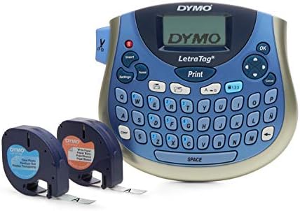 Dymo letratag LT-100T Plus Compact, преносен производител на етикети, лента за обележување на сребро/сина и летратаг, црна печатење на бела хартија, бела пластика и чисти пластични