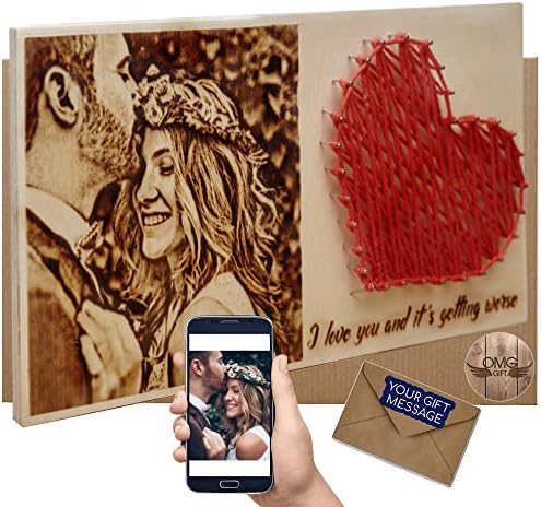Романтични подароци за неа - Хам - Персонализирана фотографија од дрво со памук Стринг срце - Дрвени подароци за сопруга - сопруг - подароци