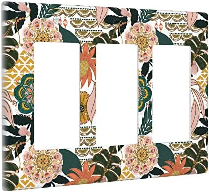 Покрив за прекинувач за цвеќиња од цвеќиња во Boho 3 ганг wallидна плоча Трикратен декоратор Рокер прекинувач за плочки, цветни тропски лисја Декоративни излезни капац