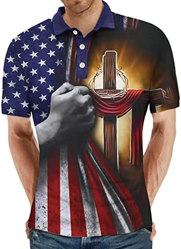 ХДДК Менс патриотски Поло кошули Американско знаме Исус Крос Печати Голф Врво