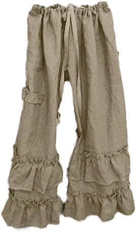 Женски обични лабави лабави џебни панталони плус големина памучни постелнина панталони широки нозе цврсти бои полите еластични половини панталони