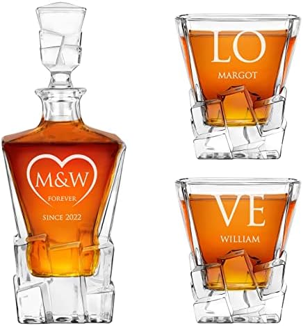Мавертон Персонализиран Декантер За Виски и 2 чаши за парови-Елегантен комплет За Виски со гравирање-модел На Коцки Мраз-Стилски барвер за