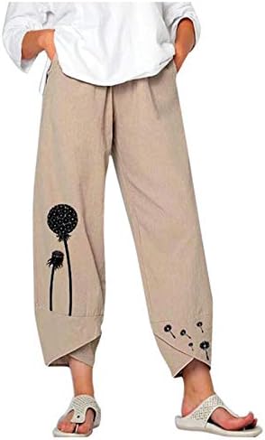 Womenените летни високи половини Постелни панталони Широки нозе Глуварче дневна панталони со џеб удобни обични лабави панталони за жени