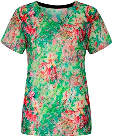 Плус големина врвови за жени модна цвеќарка кошула со кратки ракави v вратот маица лето случајна лабава тунична маичка блузи