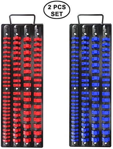 Поддршка за организатор на Организатор со 80 парчиња Casoman 80-парчиња, сет 2 парчиња, сина и црвена боја, 1/4-инчен, 3/8-инчен, 1/2-инчен, организатор на штекер, црни шини, сини