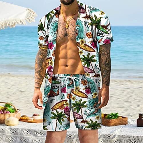 Менс пролетен летен случај случајна плажа со куќички со кратки ракави со кратки ракави, отпечатени шорцеви поставени загради за