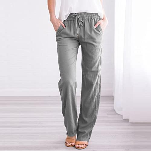 Постелни панталони MTSDJSKF за жени, обични високи половини со директно нозе трендовски ленен лента со џебови женски панталони