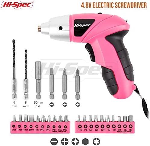 Hi-spec 27pc розова 4.8V Електричен безжичен пакет за шрафцигер со 54 парчиња комплет за алатки за DIY за жени, канцеларија и гаража.