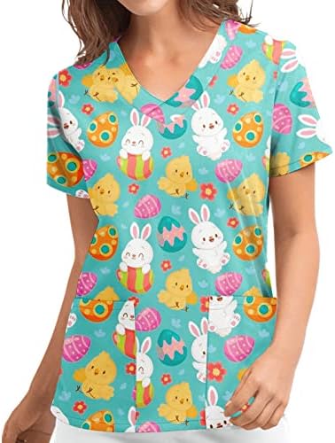 Maseенски моден велигденски SCRUB_TOPS краток ракав со кратки ракави против маици на вратот, шарени зајаче печатени кошули со џебови
