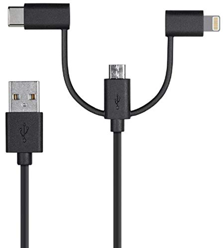 Моноприс 118789 Apple MFi Сертифициран USB На Микро USB + USB Тип-C + Молња Полнење И Синхронизација Кабел - 3 Нозе-Црна