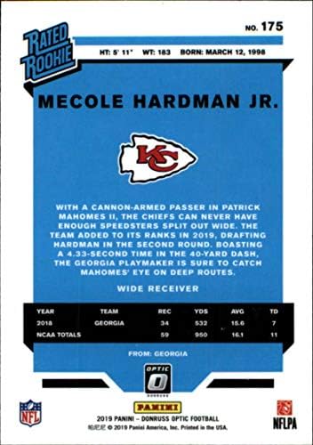 2019 година Донрус оптички фудбал #175 Мекол Хардман rуниор РЦ го оцени дебитантот СП Канзас Сити началници Официјална трговска картичка во НФЛ Панини