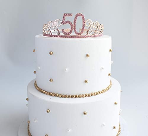 50 -ти роденден Пинк Тиара и Саш, сјај сатен Саш и Кристал Тиара Роденденска круна за среќна 50 -та роденденска забава, фаворизира украси