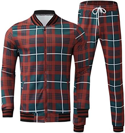 Beuu Plaid 2 парчиња облеки за облека за мажи, патент проверени панталони за јакни, деловни деловни тенок фит костуми за пот.
