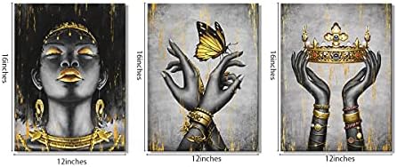 Welmeco афроамериканец cavnas wallидна уметност елегантна црна жена со златен ѓердан круна пеперутка сликарство модна шармантна жена постер слика врамена и испружена за д