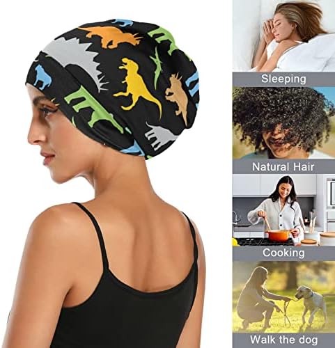 Womenените Beanie Hat Skull Worket Cap, обоена диносаурусна шема еластична модерна глава за ноќни капаци за спиење на капакот за спиење