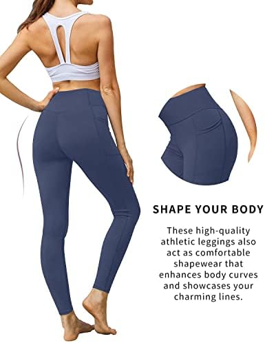 Marените со маринавида со висока половината јога панталони со џебови Контрола на стомакот Атлетски тренингот што работи хеланки