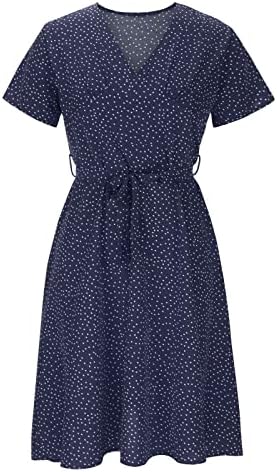 Женски летен пол -точки фустан за печатење фустан v вратот цврста боја кратка ракав чипка чиста маица фустан за