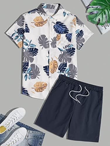 Фиокса облека со две парчиња за мажи мажи тропски кошула за печатење и шорцеви за половината за влечење