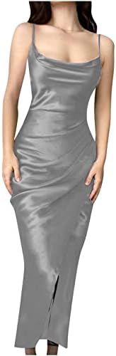 Women'sенски свилен сатен макси фустан без ракави шпагети ленти со размачкани каросериски ками фустани вечерна забава формален фустан