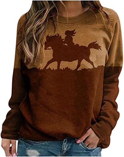 Womenените 3Д коњски графички џемпери гроздобер масло за масло печатење потресена маица класичен екипаж пулвер обичен долг ракав врв