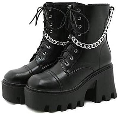 Pnroktd Тренди платформа чизми за жени Гот мода есен и зимска патентна кожа бујна потпетица на глуждот чизми за удобно ладење дами дами чипка чевли