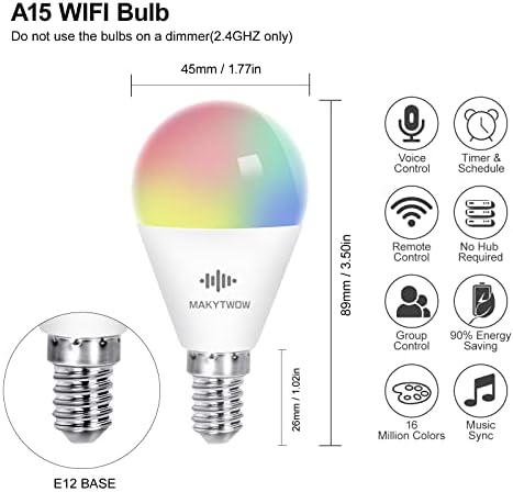 Makytwow A15 LED Паметна Сијалица, Компатибилна Со Alexa, Google Home, SmartThings, WiFi Светилки Со Седиште Во Е12, 5w=40W, Промена На Бојата,