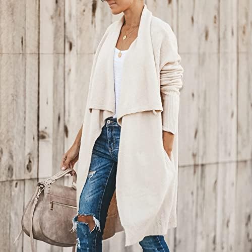 Женски долг ракав кардиган џемпер палто обичен цврста боја преголема вафла плетена отворена предна надворешна облека со џебови