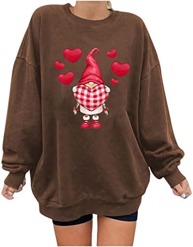 Женски гроздобер врвови за Денот на вineубените преголеми трендовски џемпери смешни симпатични гноми срцеви печати пулвер маичка