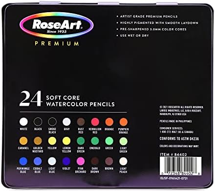 Rose Art Premium 24CT мека јадро Акварел моливи - Уметнички материјали за цртање, скицирање, боење на возрасни во калај за складирање