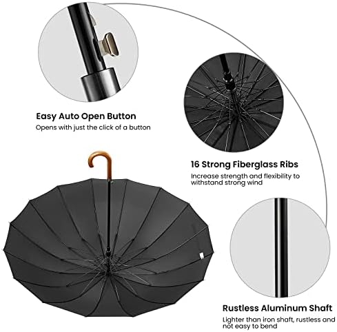 G4Free 54 Инчен Голем Ветроупорен Чадор за 2 Лица, 16 Ребра Автоматски Отворен Класичен Дрвен J Рачка Стапче За Трска Голф Чадори За Дожд За Мажи Жените Патуваат 120 см