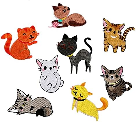8 парчиња цртани филмови смешна симпатична насмевка мрзлива мачка железо на шиење на лепенка, хумористичен амблем извезена значка за деца фармерки, јакна, торби
