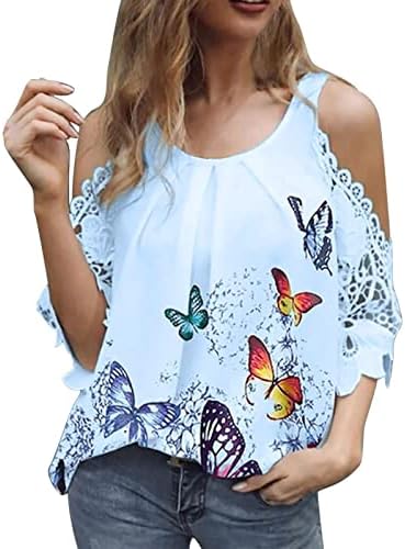 Женски летни маички со тркалезниот врат ладно рамо Туника на врвови 3/4 ракав Обичен маички за печатење на пеперутка за печатење графички блузи
