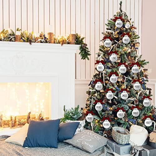 Бафало карирани украси за Божиќни топка за Божиќно дрво, 10 парчиња мат снежен глобус комплет со букви и биволи карирани лакови за Божиќна