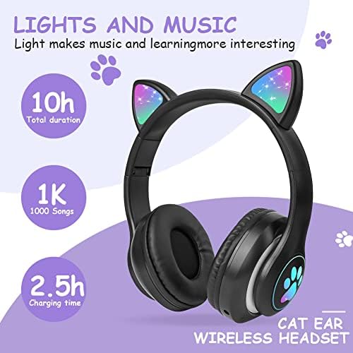 Слушалки за деца Axfee, слушалки за деца со мачки уши, Bluetooth слушалки, LED осветлувајте над ушите деца безжични слушалки со HD стерео