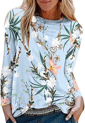 Women'sенски врвови за долги ракави, жени со обични цвеќиња од цвеќиња од цвеќиња, симпатична графичка блуза екипа на вратот пулвер основна маица
