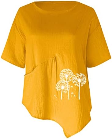 Летни маички за жени памучни постелнини џебови врвови обични кратки ракави екипаж Неправилни кошули од туника на полите, блузи