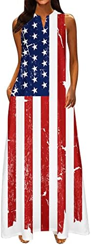 Hcjkdu Летна сузбење за жени 2023 Ден на независност без ракави V вратот САД знаме максични фустани обични лабави долг фустан