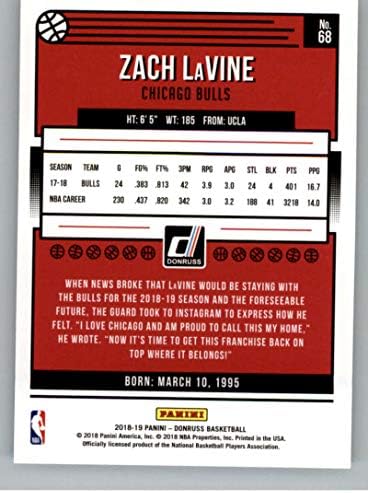 2018-19 Кошаркарска картичка Донрус #68 Зак Лавин Чикаго Булс Официјална картичка за тргување во Панини НБА