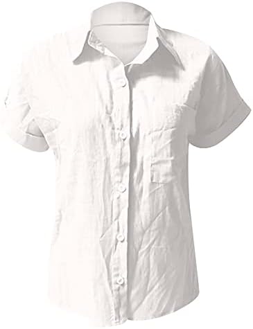 Женски кошули со памучни постелнина лето кратки ракави со цврста боја џеб маици лабава лабава копче надолу по блузи од туника