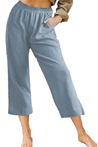 Мајифу-ГЈ Женски Ленени Каприс Јога Панталони Со Висок Струк Широки Нозе Удобни Панталони За Контрола На Стомакот Пижами Панталони Со Џебови