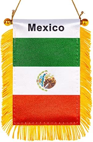 Wxtwk 3 x 5 инчи Мексико знаме Мексикански прозорец што виси знаме Мали мини автомобили знамиња транспаренти за ретровизорска декорација со вшмукување чаша златна раб
