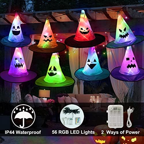 LED светла за вештерки Декорации за Ноќта на вештерките, 8 парчиња 17ft 56led шарена блескава духови капа со далечински, мулти -бои на отворено дух на вештерките за вештер?