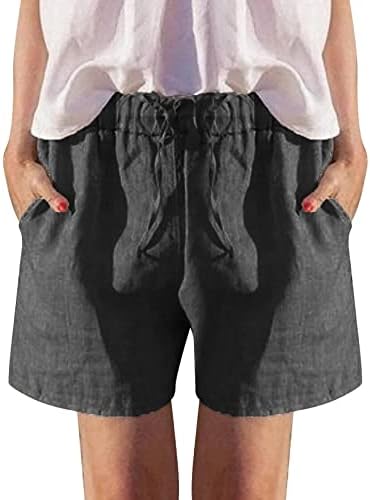 Womenените летни постелнина шорцеви еластични високи половини со цврста боја пижама шорцеви се протегаат лабава вклопена одмор на плажа шорцеви со џебови