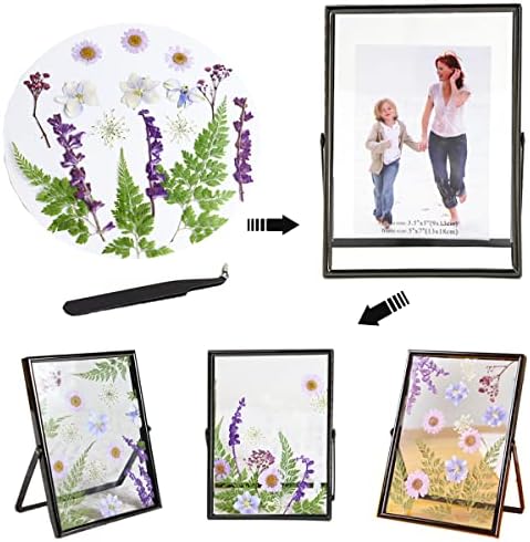 Junhomedec 5x7 инчи притиснати цветни рамки Црн метал двоен слој фото рамка со сушени цвеќиња Подароци за подароци вклучуваат рамки за слики