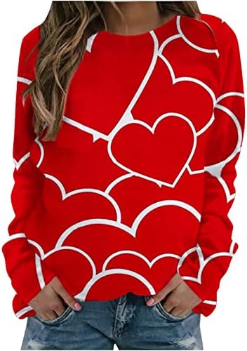 ZCVBOCZенски ден на в Valentубените Денот на в Valentубените, лабава тркалезен врат со долг ракав, пулвер за срце, графички печати удобни џемпери
